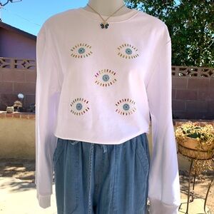 Embroidered Eye Design White Women's Top